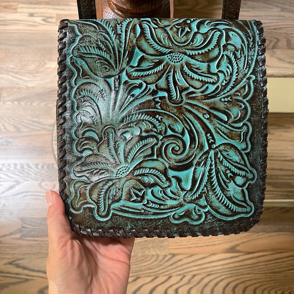Patricia Nash Blue and Brown Crossbody Bag with Intricate Tooled Design